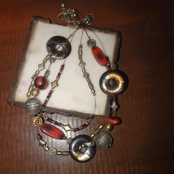 Chicos Multicolor Beaded Necklace With Tortoiseshell & Red Accents - Picture 6 of 6